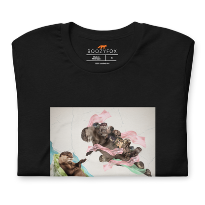 Front details of a Black Premium Otter Tee featuring a playful The Creation of Otter parody of Michelangelo's masterpiece - Artsy/Funny Graphic Otter Tees - Boozy Fox