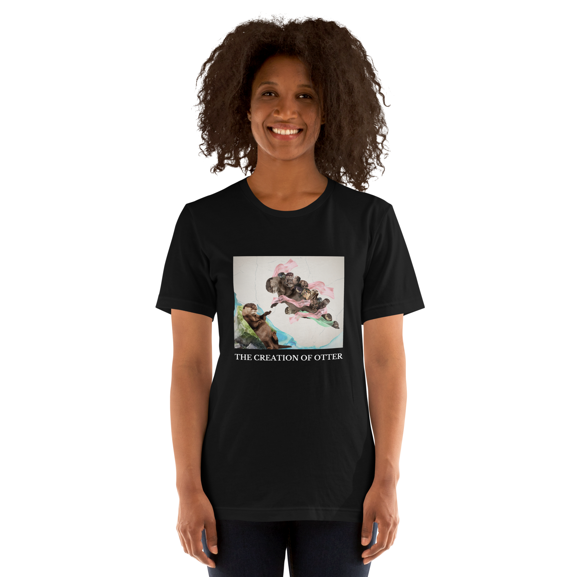 Woman wearing a Black Premium Otter Tee featuring a playful The Creation of Otter parody of Michelangelo's masterpiece - Artsy/Funny Graphic Otter Tees - Boozy Fox