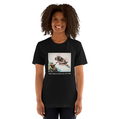 Woman wearing a Black Premium Otter Tee featuring a playful The Creation of Otter parody of Michelangelo's masterpiece - Artsy/Funny Graphic Otter Tees - Boozy Fox