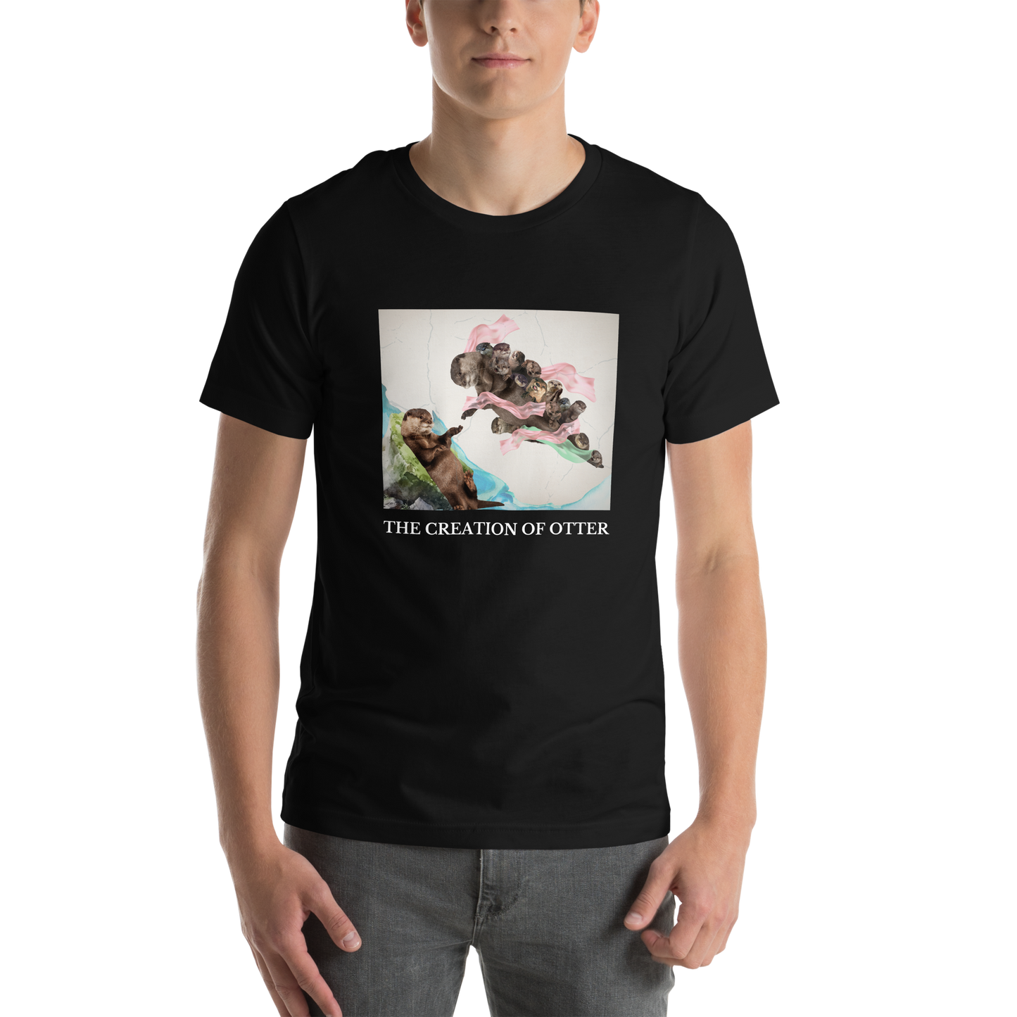 Man wearing a Black Premium Otter Tee featuring a playful The Creation of Otter parody of Michelangelo's masterpiece - Artsy/Funny Graphic Otter Tees - Boozy Fox