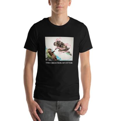Man wearing a Black Premium Otter Tee featuring a playful The Creation of Otter parody of Michelangelo's masterpiece - Artsy/Funny Graphic Otter Tees - Boozy Fox