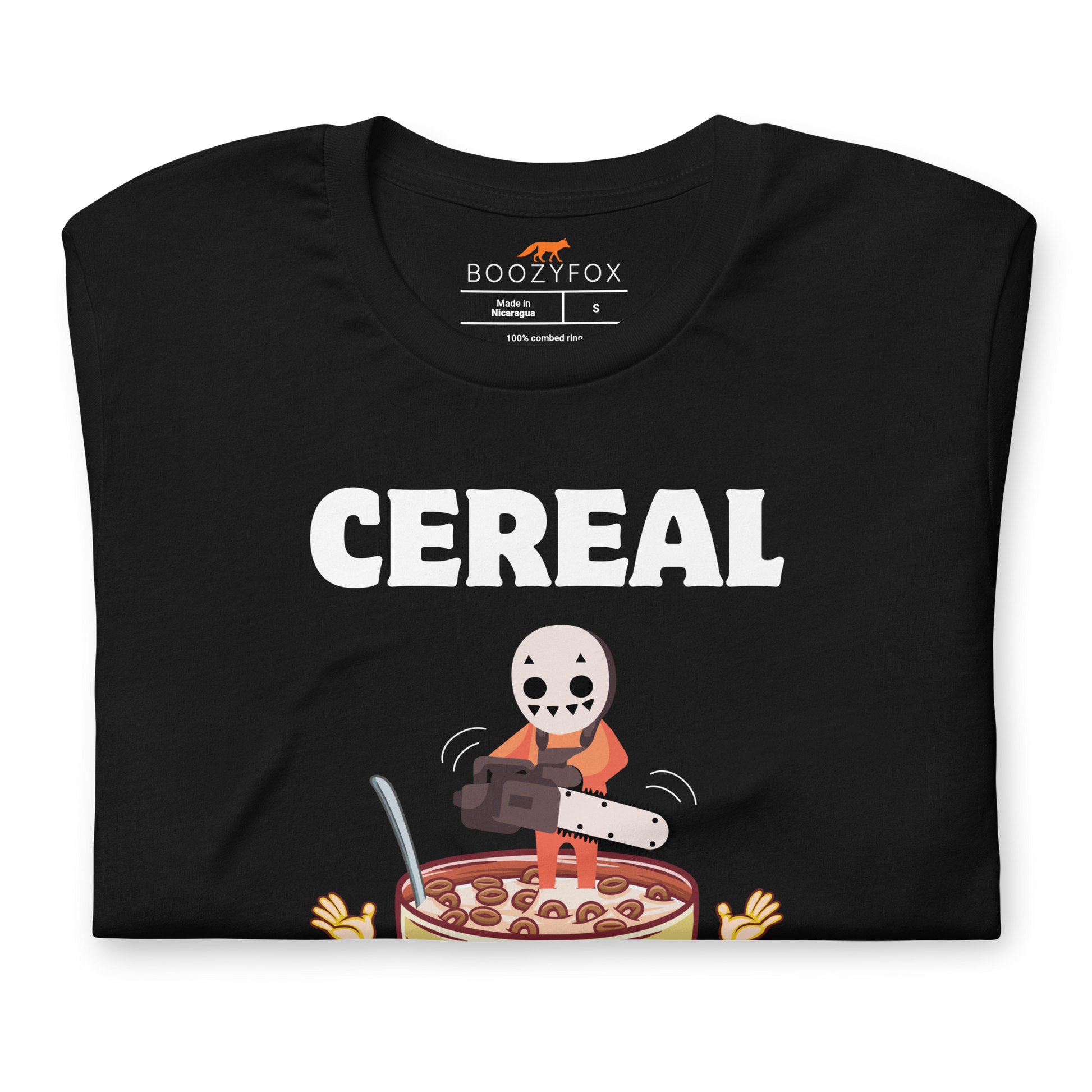 Front details of a Black Premium Cereal Killer Tee featuring a Cereal Killer graphic on the chest - Funny Graphic Tees - Boozy Fox