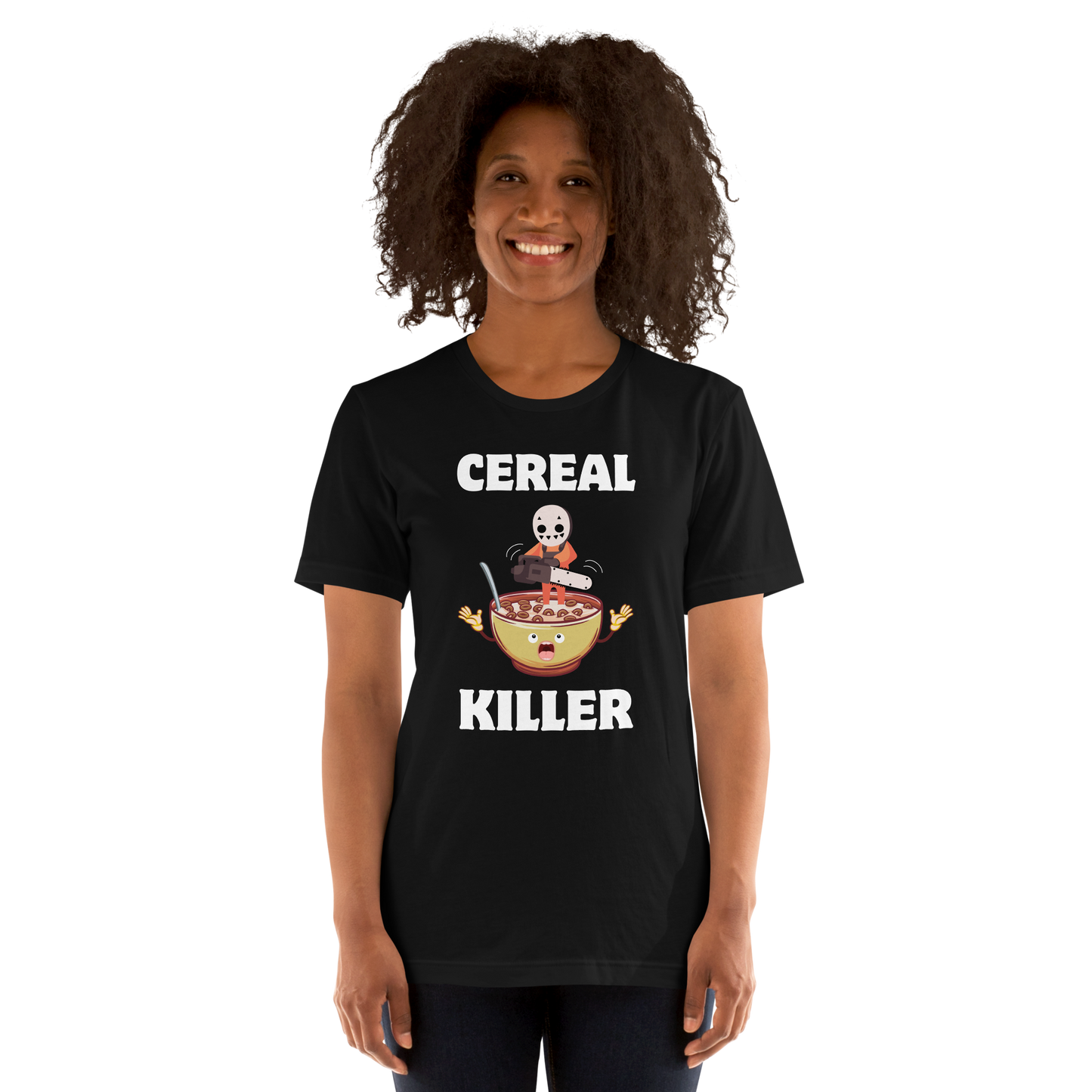 Woman wearing a Black Premium Cereal Killer Tee featuring a Cereal Killer graphic on the chest - Funny Graphic Tees - Boozy Fox