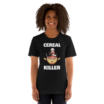 Woman wearing a Black Premium Cereal Killer Tee featuring a Cereal Killer graphic on the chest - Funny Graphic Tees - Boozy Fox