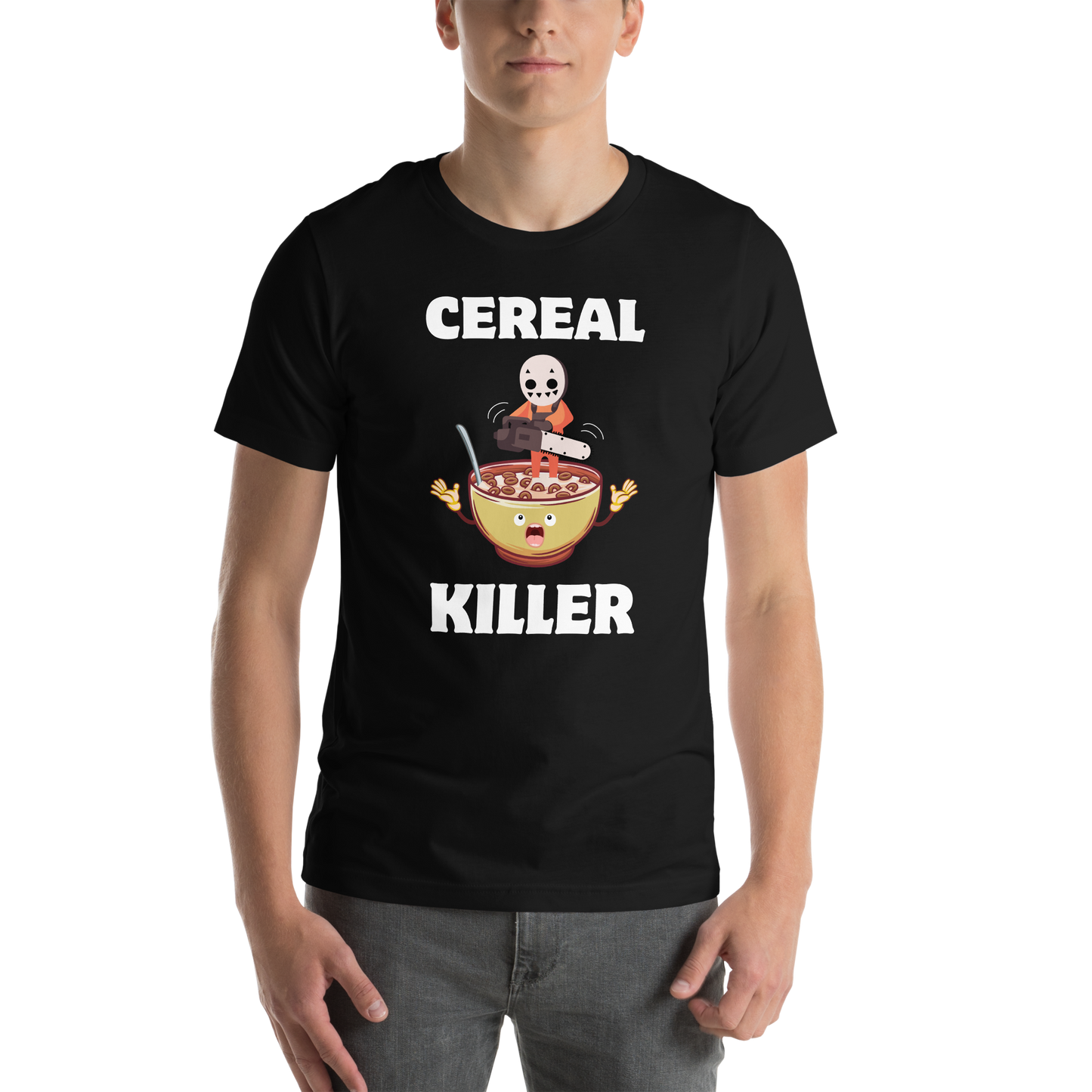 Man wearing a Black Premium Cereal Killer Tee featuring a Cereal Killer graphic on the chest - Funny Graphic Tees - Boozy Fox