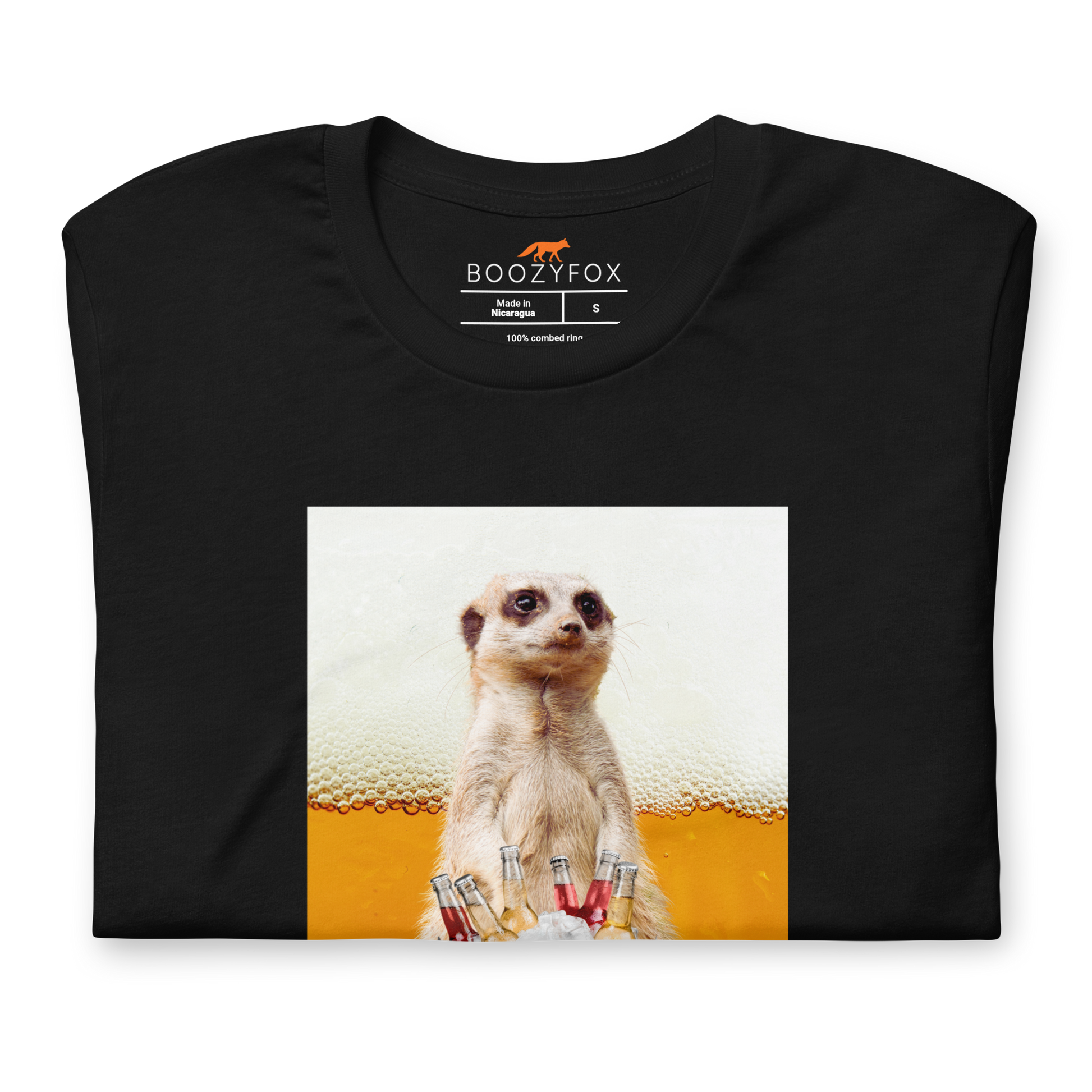 Front Details of a Black Meerkat Tee - Boozy Fox