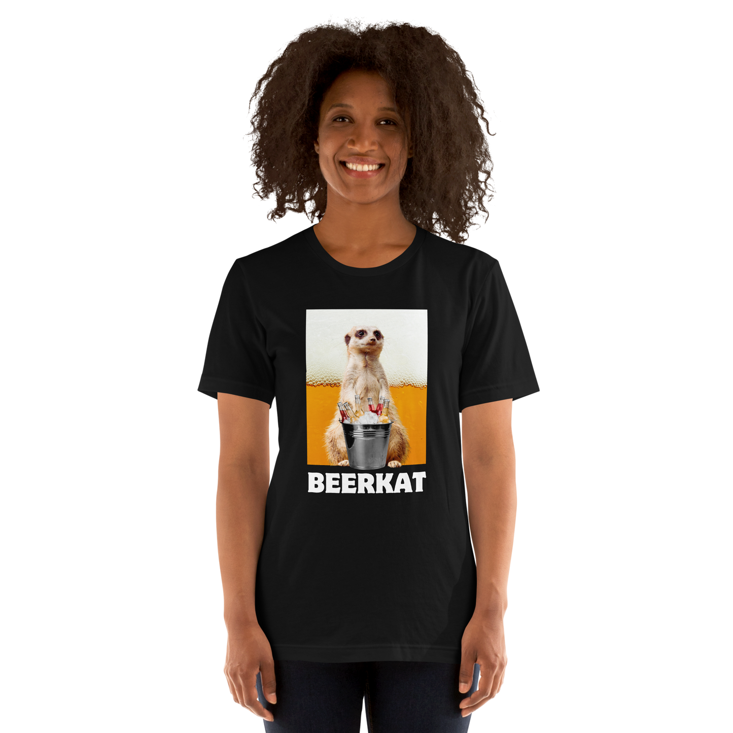 Woman wearing a black Meerkat Tee - Boozy Fox