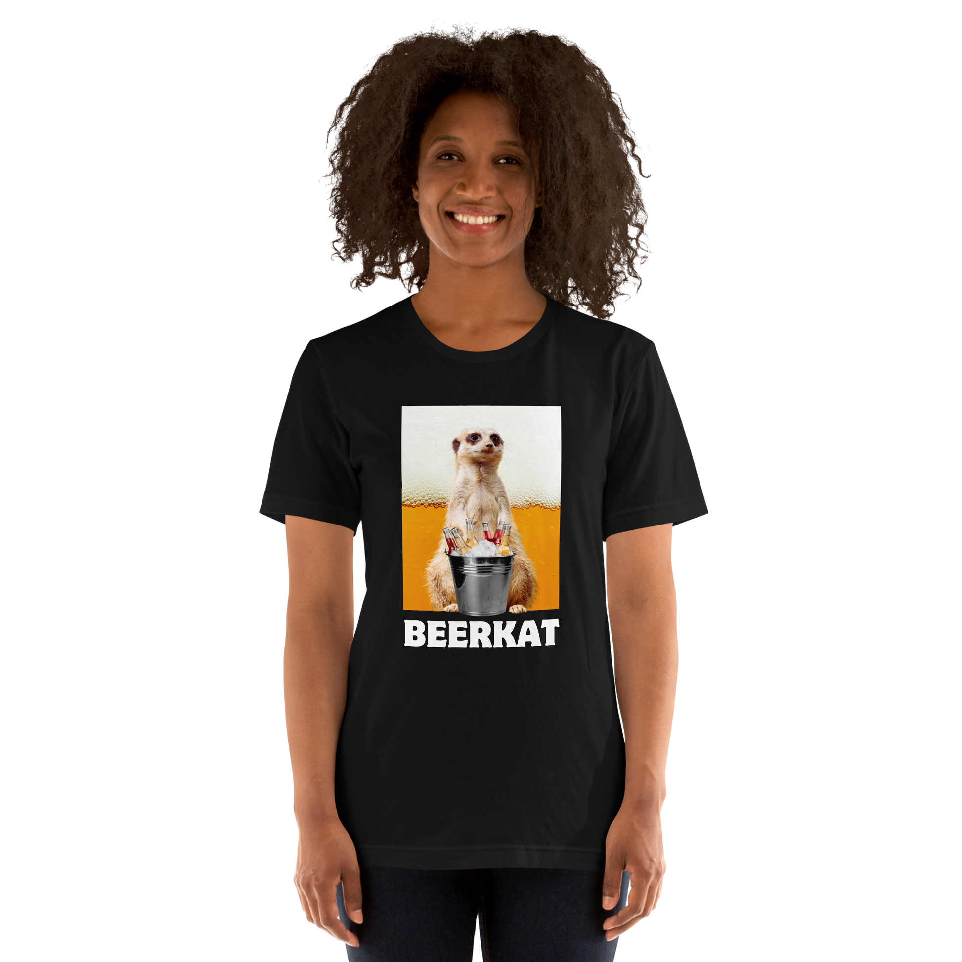 Woman wearing a black Meerkat Tee - Boozy Fox