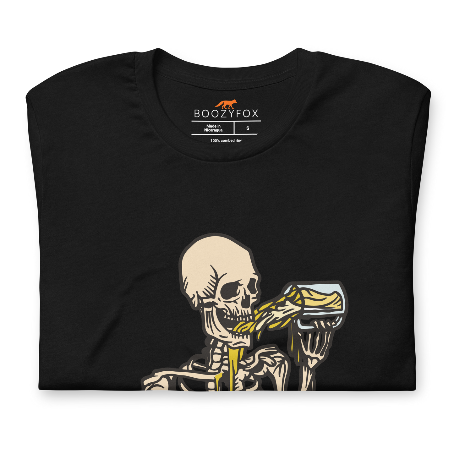 Front details of a black Skeleton Drinking Beer Tee - Boozy Fox