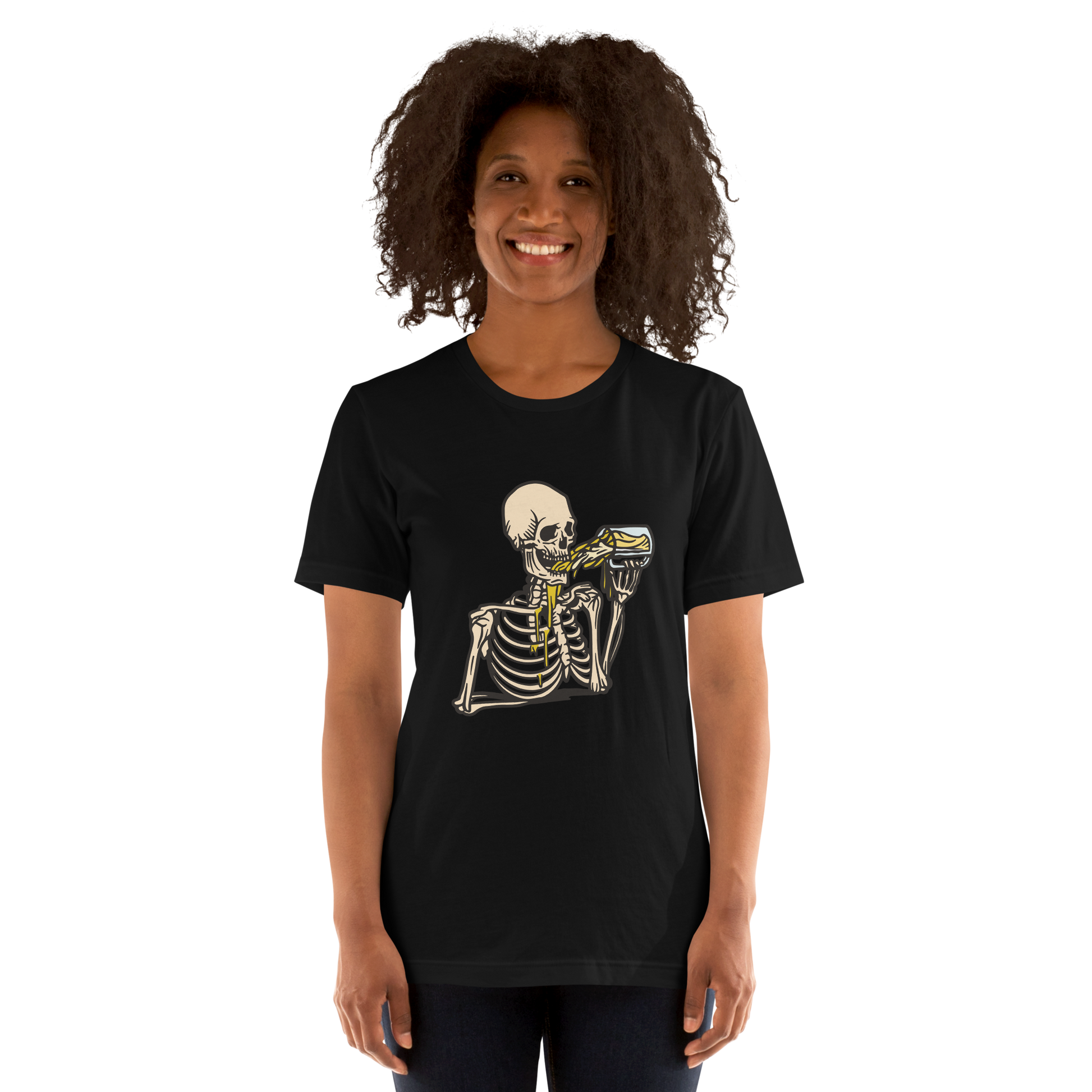 Woman wearing a black Skeleton Drinking Beer Tee - Boozy Fox