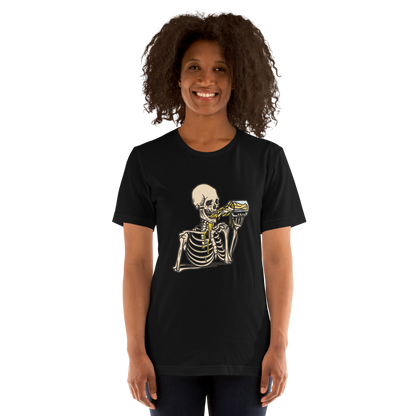 Woman wearing a black Skeleton Drinking Beer Tee - Boozy Fox