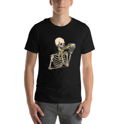 Man wearing a black Skeleton Drinking Beer Tee - Boozy Fox