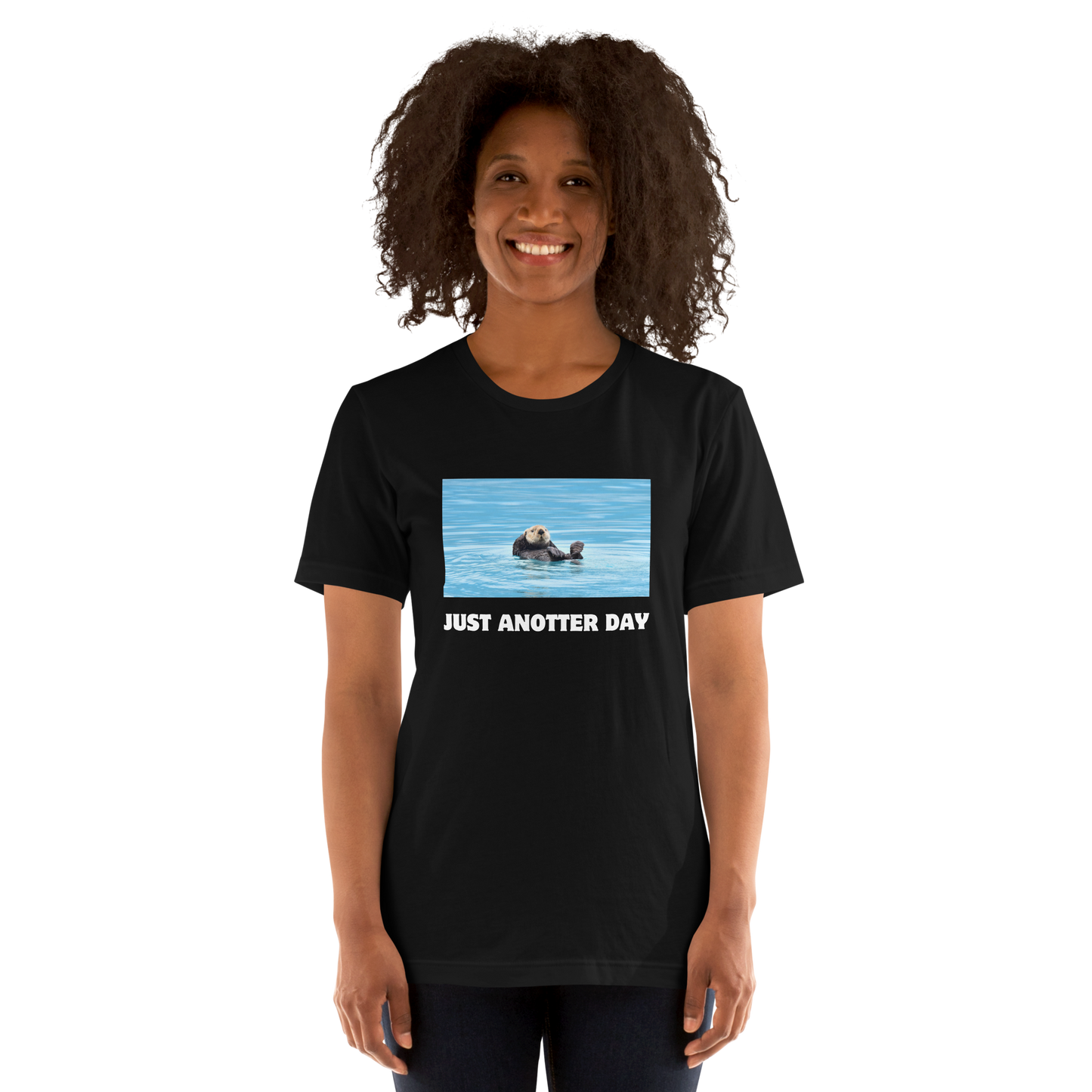 Smiling woman wearing a Black Just Anotter Day Otter Tee - Boozy Fox