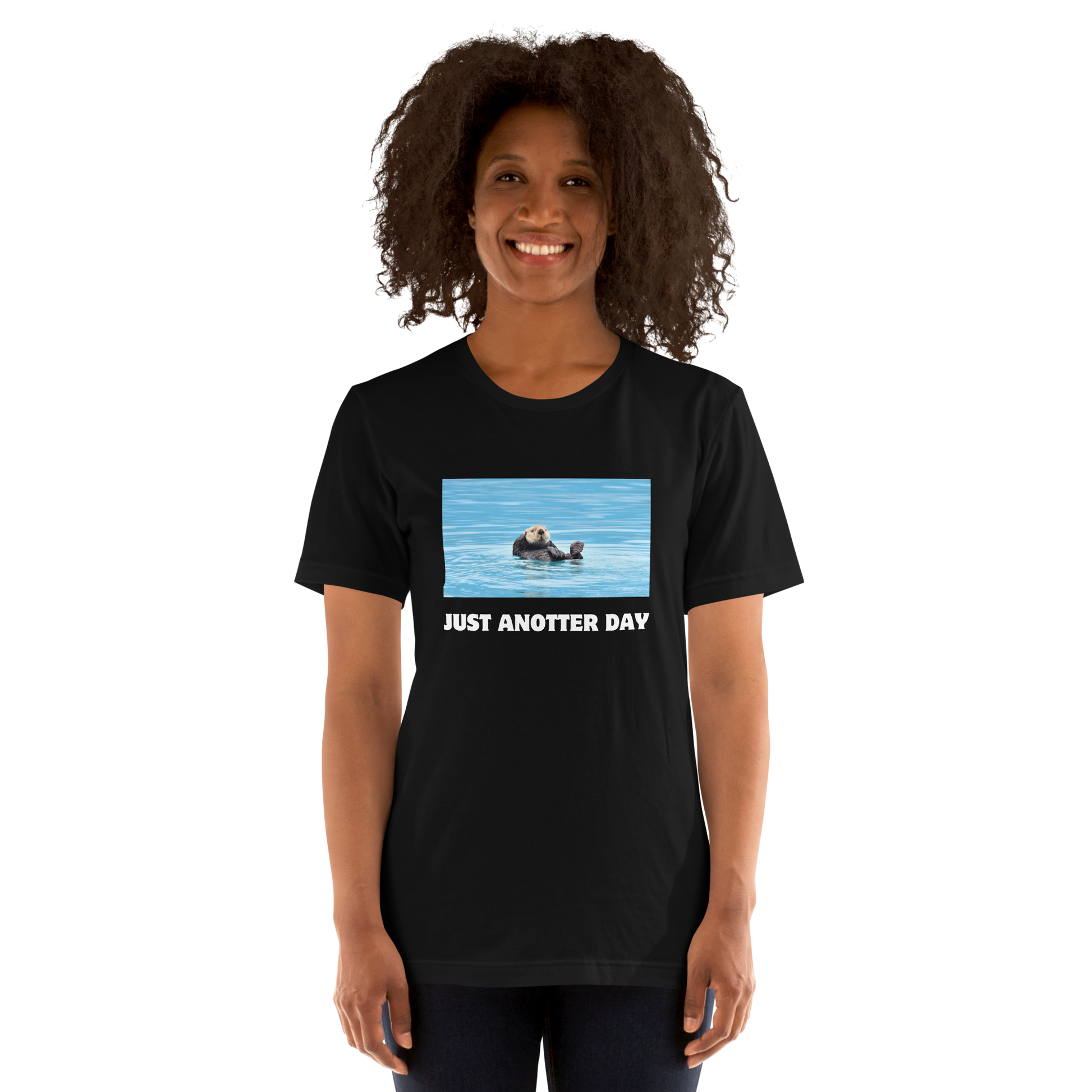Smiling woman wearing a Black Just Anotter Day Otter Tee - Boozy Fox