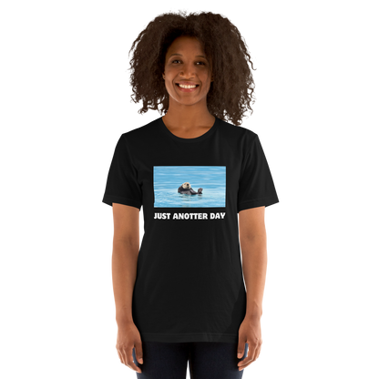 Smiling woman wearing a Black Just Anotter Day Otter Tee - Boozy Fox