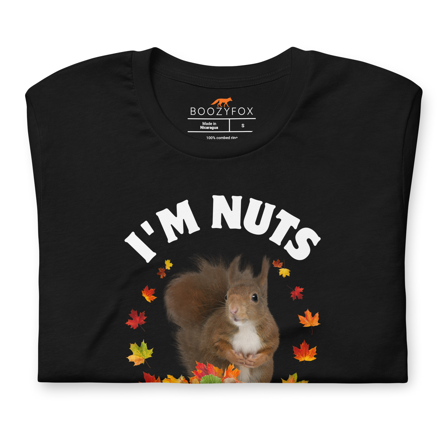 Front details of a black I’m Nuts About You Squirrel Tee - Boozy Fox