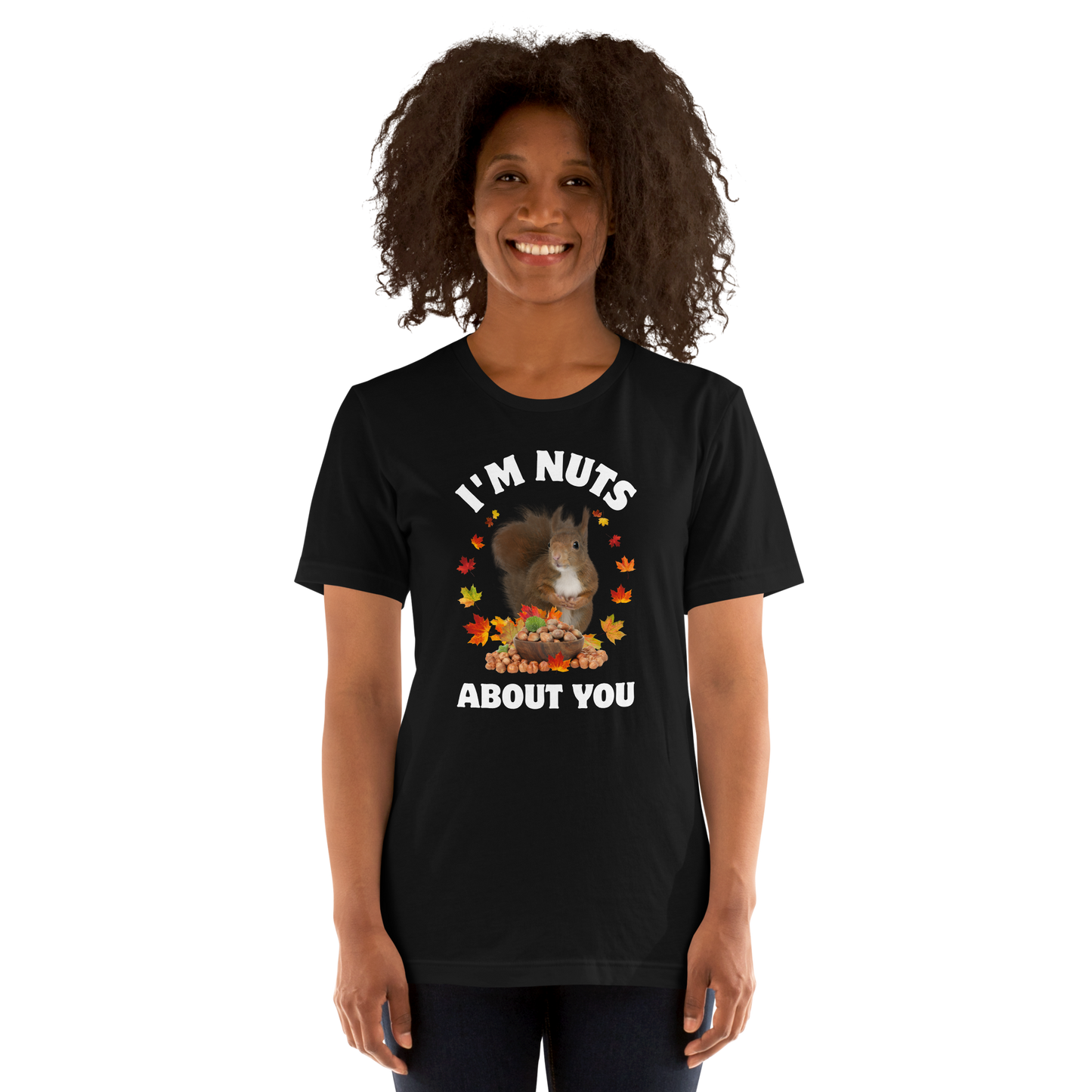 Smiling woman wearing a black I’m Nuts About You Squirrel Tee - Boozy Fox