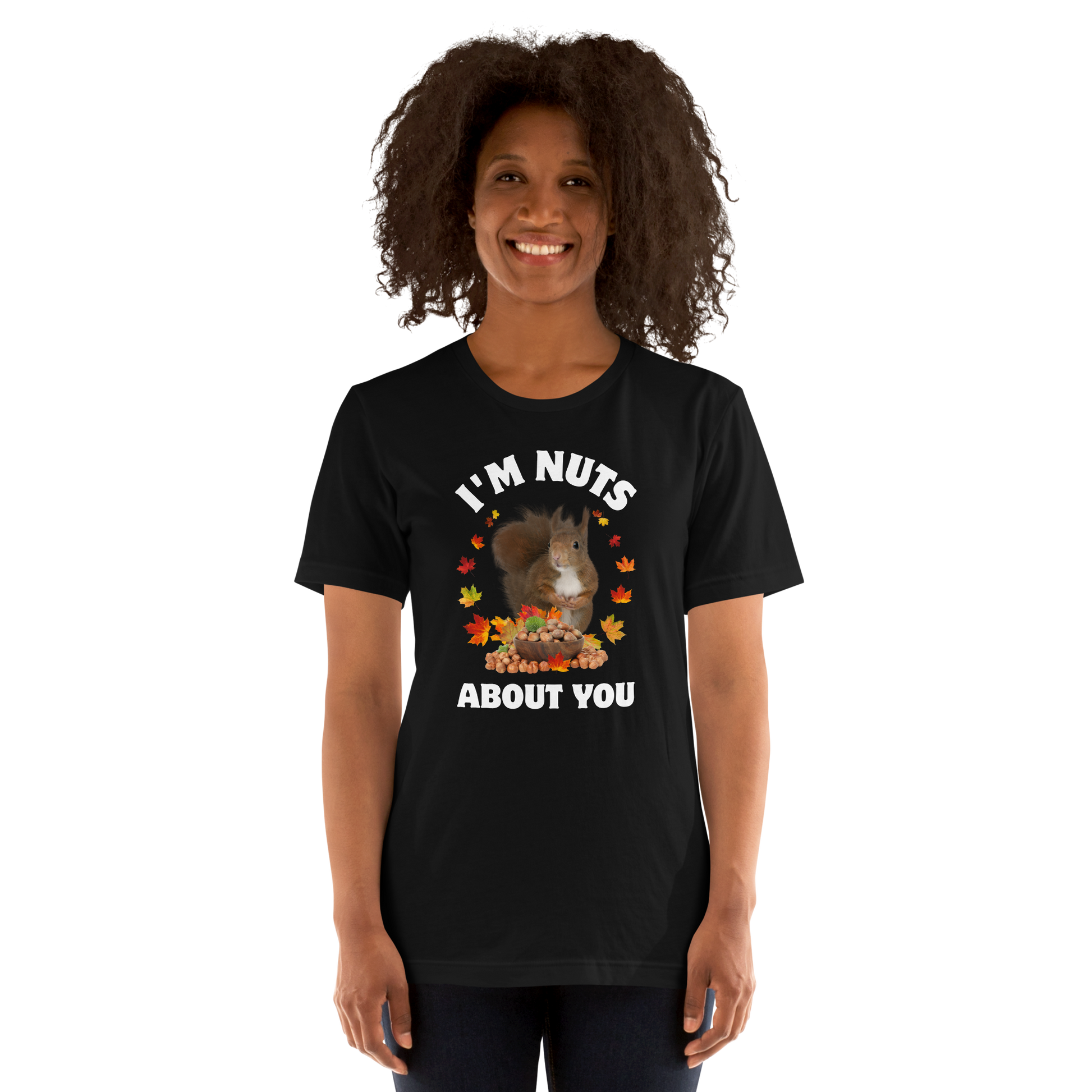 Smiling woman wearing a black I’m Nuts About You Squirrel Tee - Boozy Fox