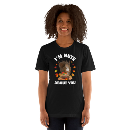 Smiling woman wearing a black I’m Nuts About You Squirrel Tee - Boozy Fox