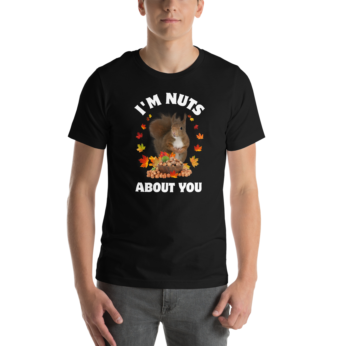 Man wearing a black I’m Nuts About You Squirrel Tee - Boozy Fox