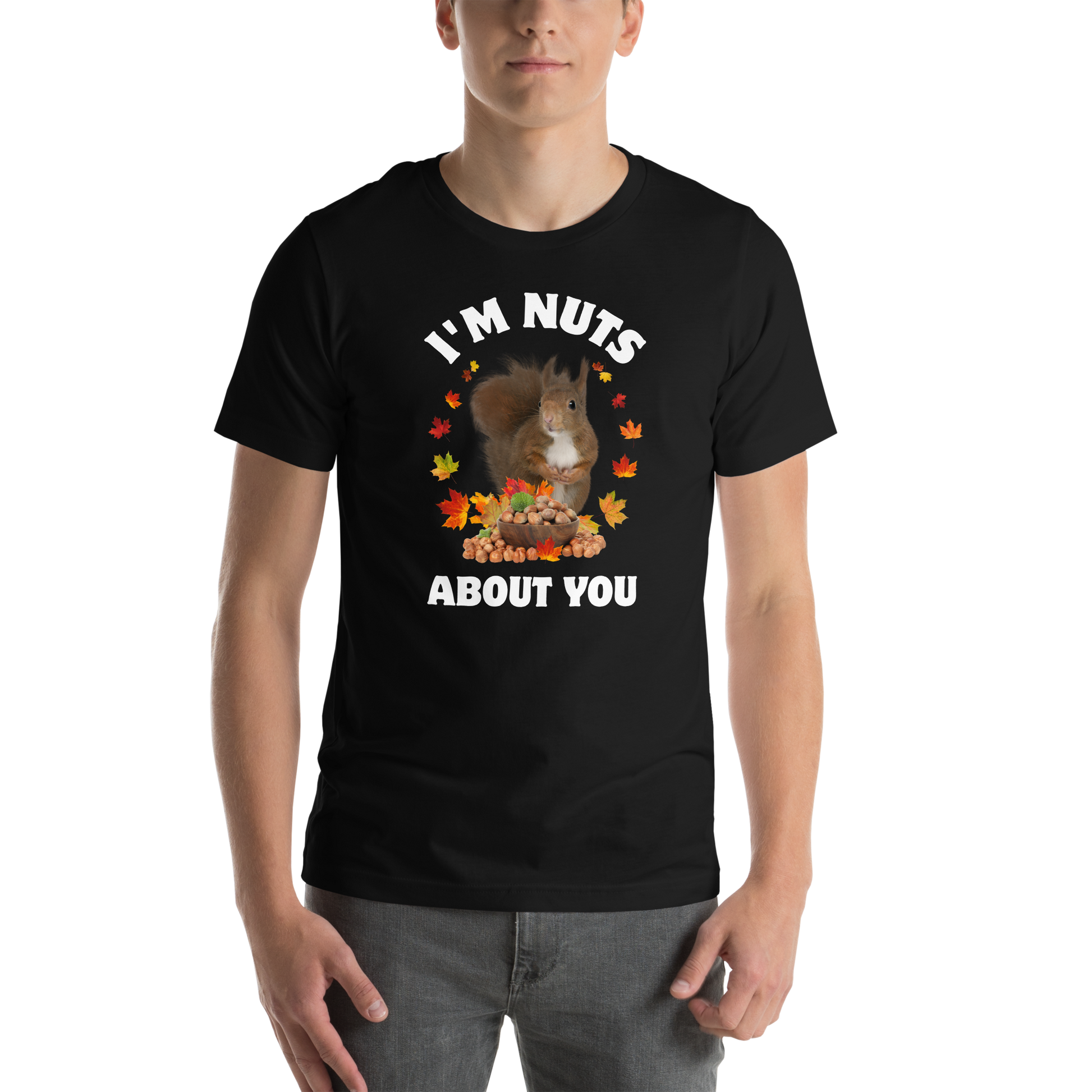 Man wearing a black I’m Nuts About You Squirrel Tee - Boozy Fox