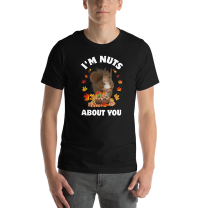 Man wearing a black I’m Nuts About You Squirrel Tee - Boozy Fox