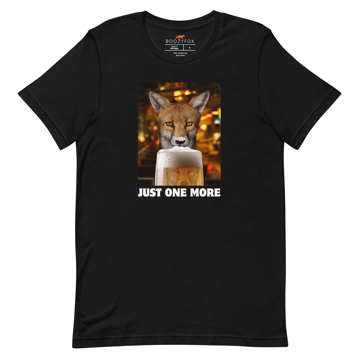 Funny Just One More Fox beer lightweight graphic t-shirt in black by Boozy Fox
