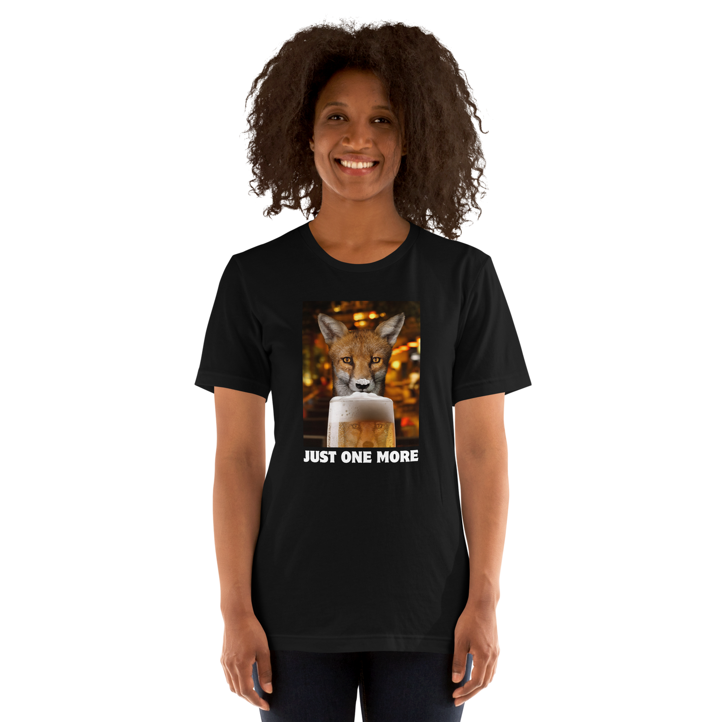 Woman wearing a Funny Just One More Fox beer lightweight graphic t-shirt in black by Boozy Fox