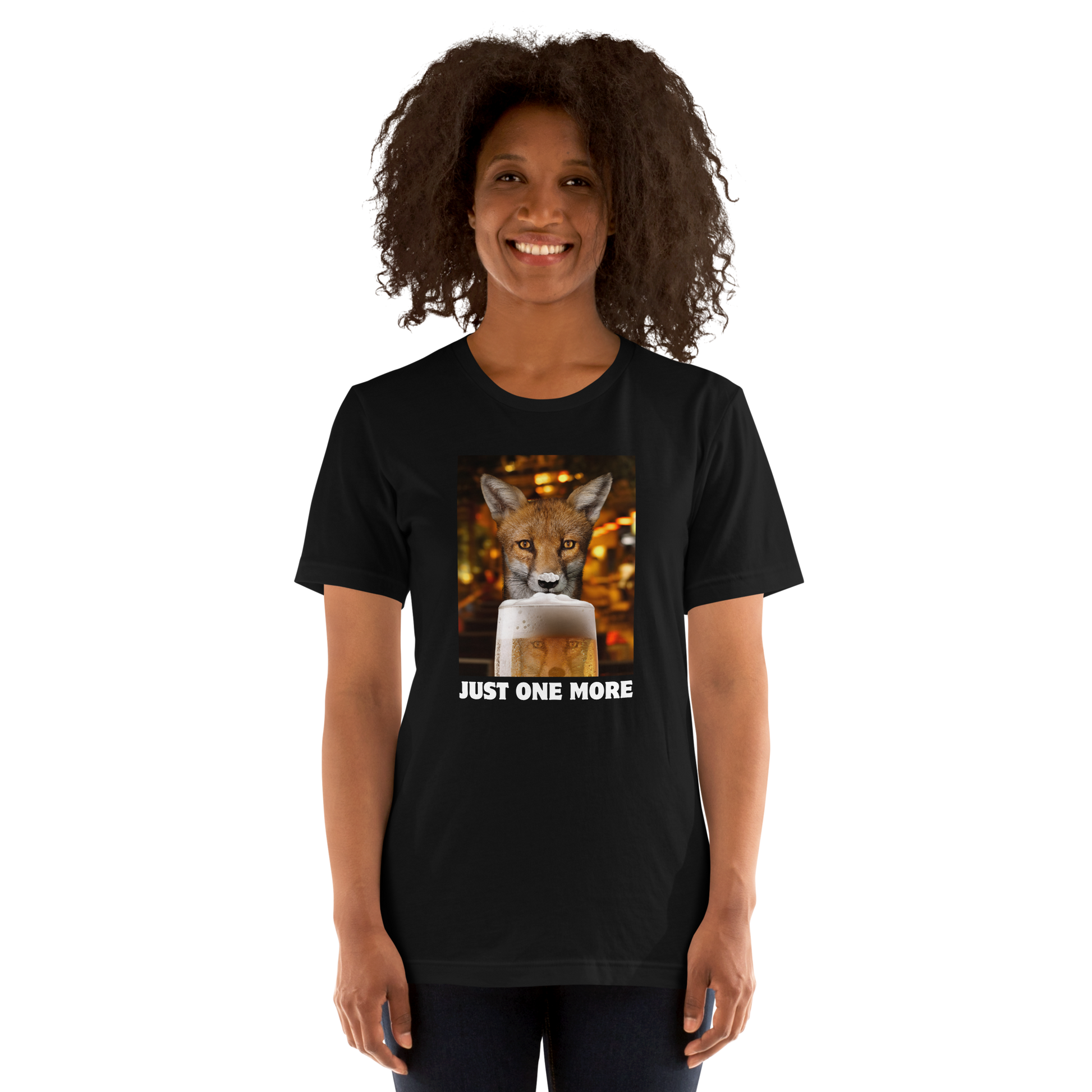 Woman wearing a Funny Just One More Fox beer lightweight graphic t-shirt in black by Boozy Fox