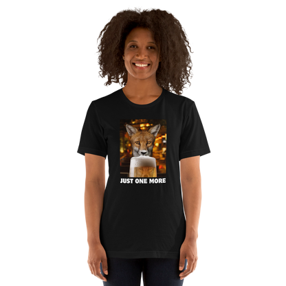 Woman wearing a Funny Just One More Fox beer lightweight graphic t-shirt in black by Boozy Fox