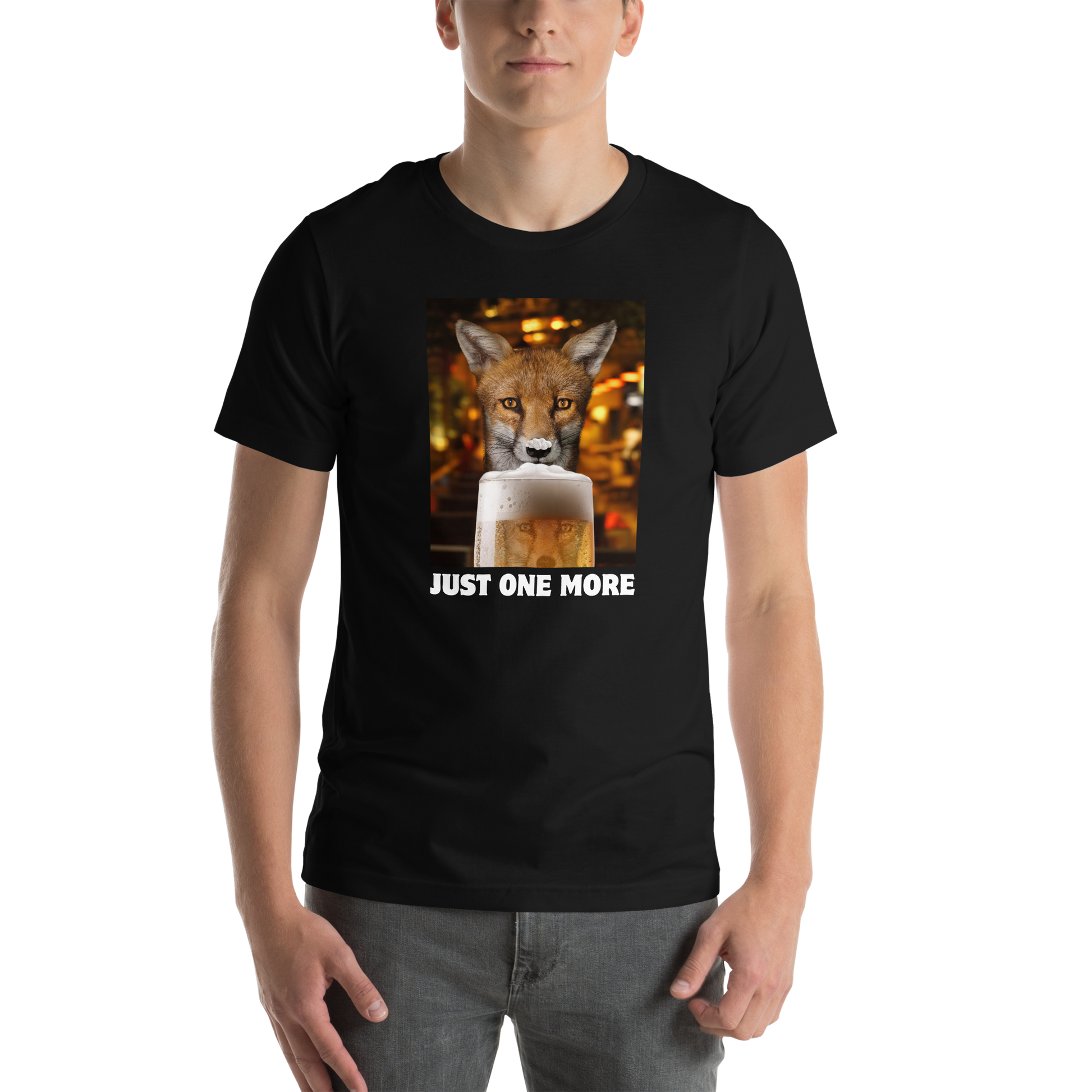 Man wearing a Funny Just One More Fox beer lightweight graphic t-shirt in black by Boozy Fox