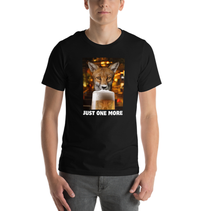 Man wearing a Funny Just One More Fox beer lightweight graphic t-shirt in black by Boozy Fox