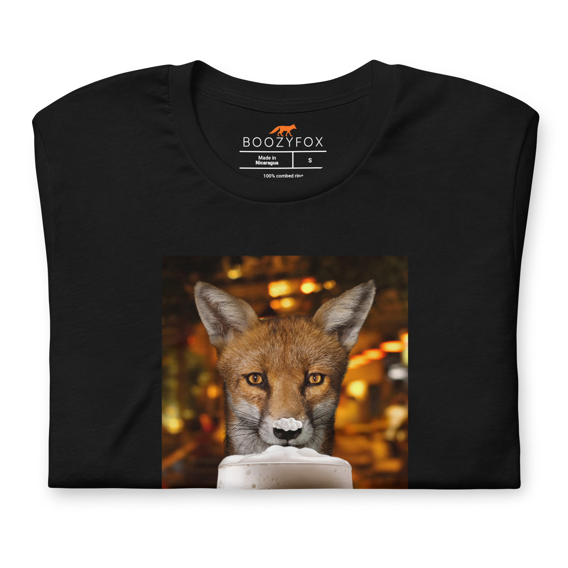 Front details of a Funny Just One More Fox beer lightweight graphic t-shirt in black by Boozy Fox