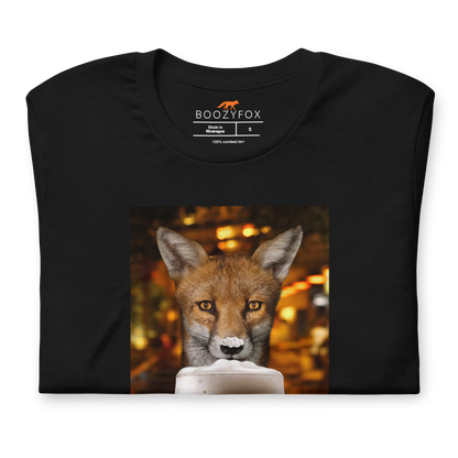Front details of a Funny Just One More Fox beer lightweight graphic t-shirt in black by Boozy Fox