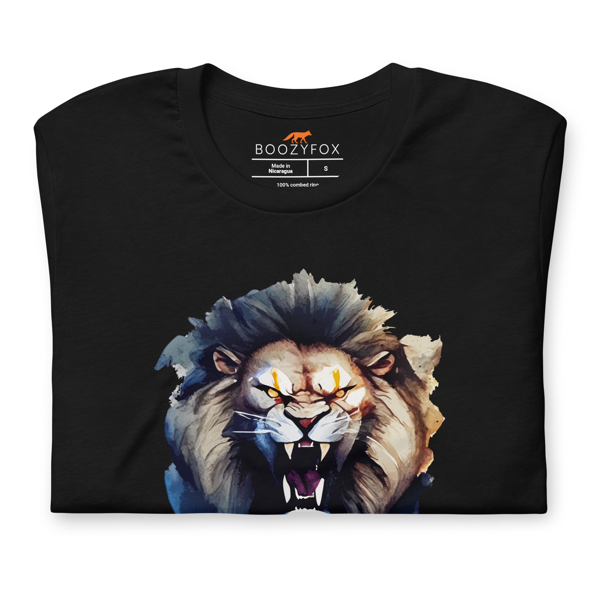 Front details of a Funny Born to Roar Lion lightweight graphic tee in black by Boozy Fox