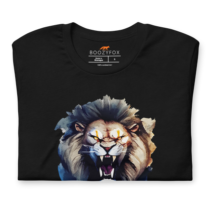 Front details of a Funny Born to Roar Lion lightweight graphic tee in black by Boozy Fox