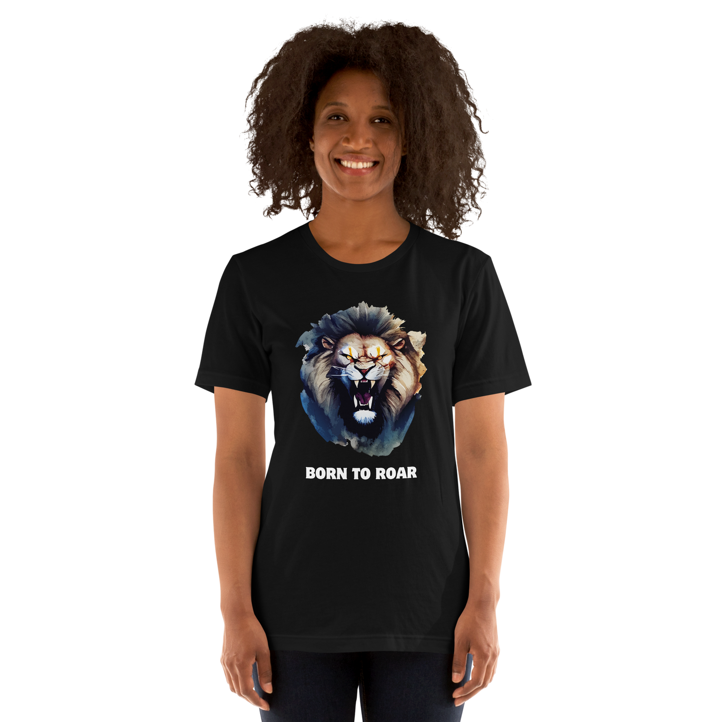 Woman wearing a Funny Born to Roar Lion lightweight graphic tee in black by Boozy Fox