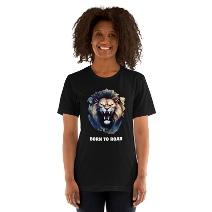 Woman wearing a Funny Born to Roar Lion lightweight graphic tee in black by Boozy Fox