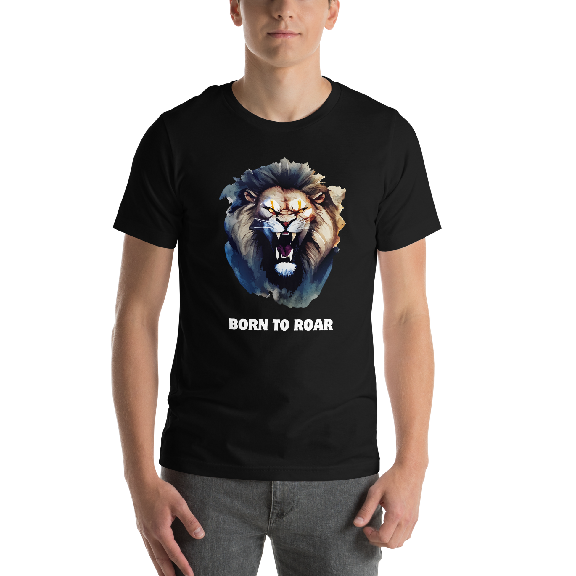 Man wearing a Funny Born to Roar Lion lightweight graphic tee in black by Boozy Fox