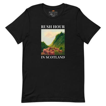 Funny Highland Cow Rush Hour in Scotland lightweight graphic tee in black by Boozy Fox
