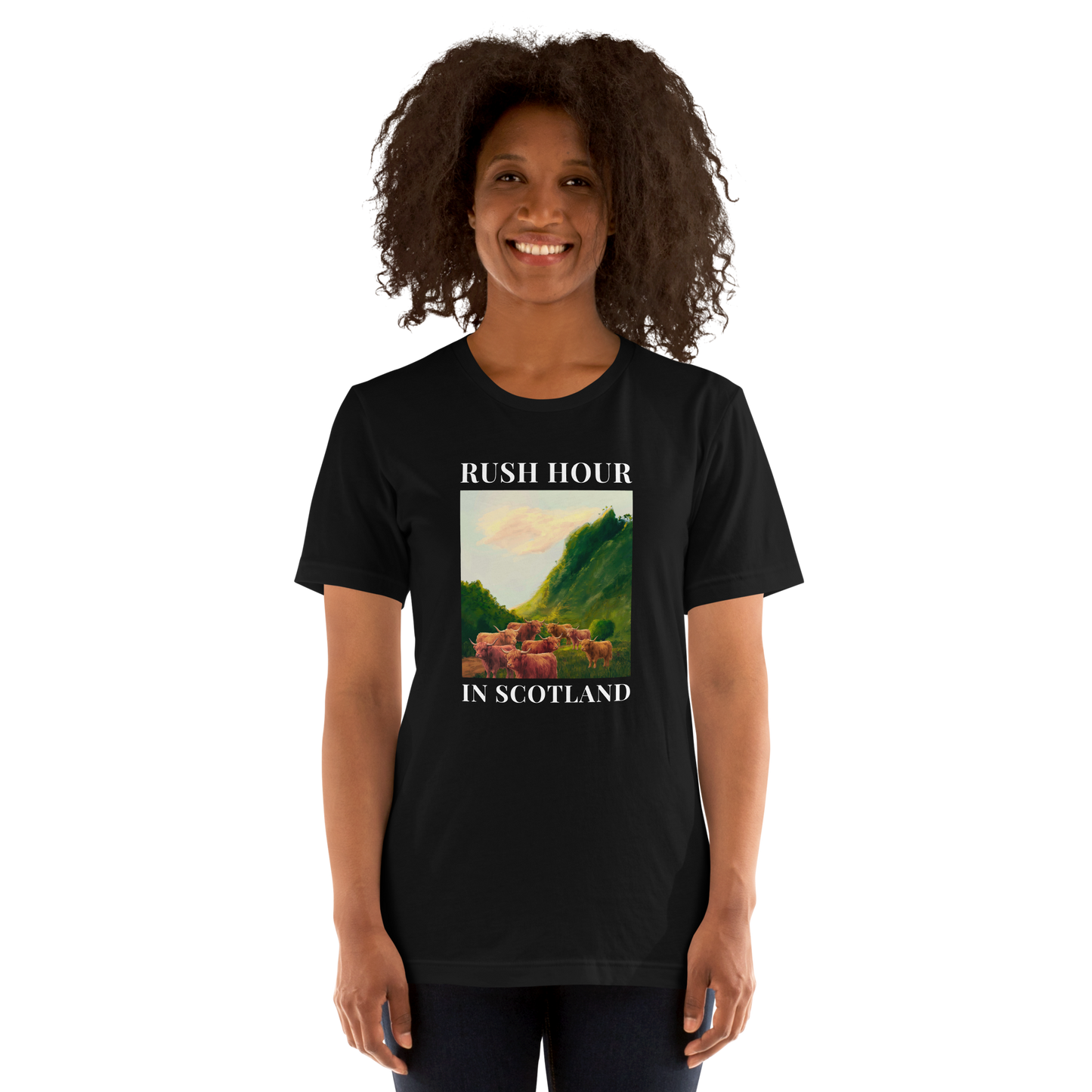 Woman wearing a Funny Highland Cow Rush Hour in Scotland lightweight graphic tee in black by Boozy Fox