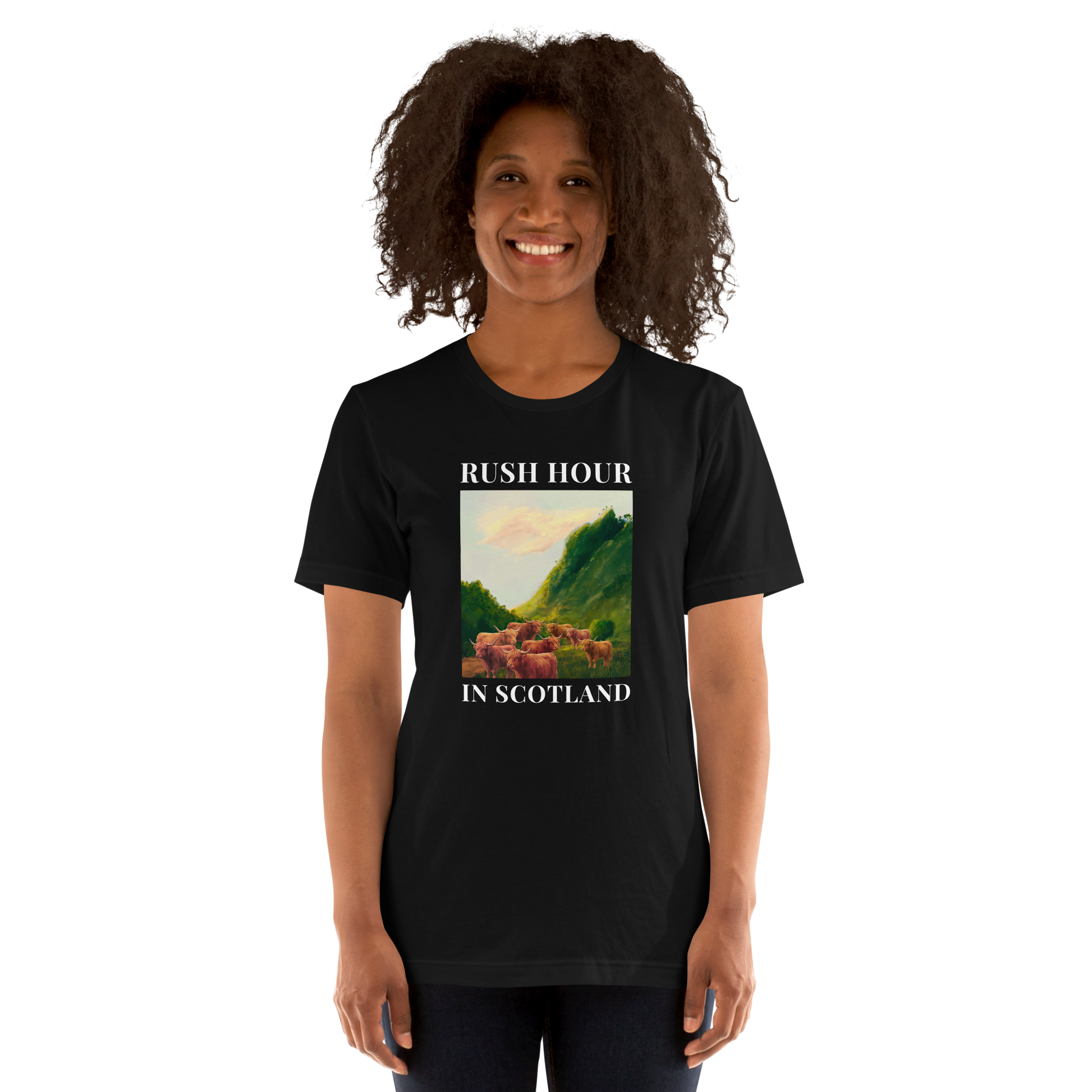Woman wearing a Funny Highland Cow Rush Hour in Scotland lightweight graphic tee in black by Boozy Fox