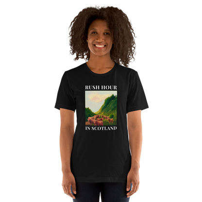 Woman wearing a Funny Highland Cow Rush Hour in Scotland lightweight graphic tee in black by Boozy Fox