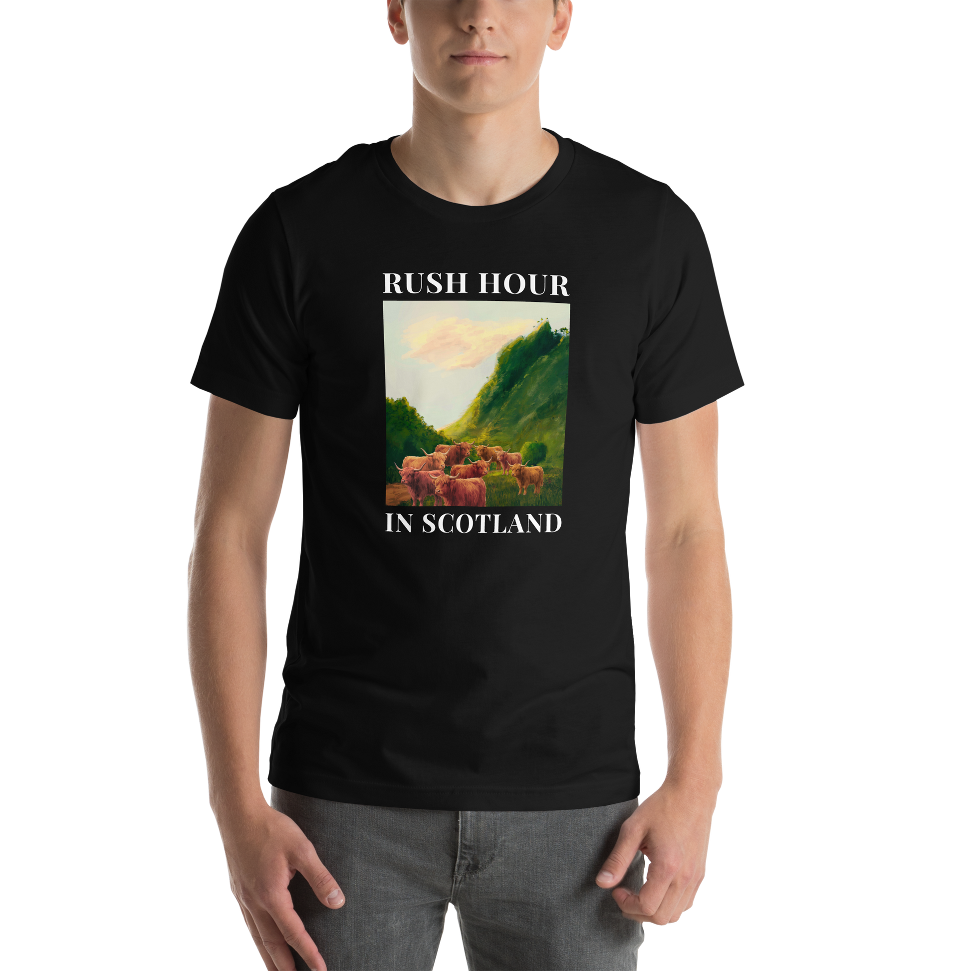Man wearing a Funny Highland Cow Rush Hour in Scotland lightweight graphic tee in black by Boozy Fox