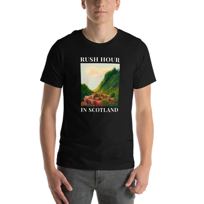 Man wearing a Funny Highland Cow Rush Hour in Scotland lightweight graphic tee in black by Boozy Fox