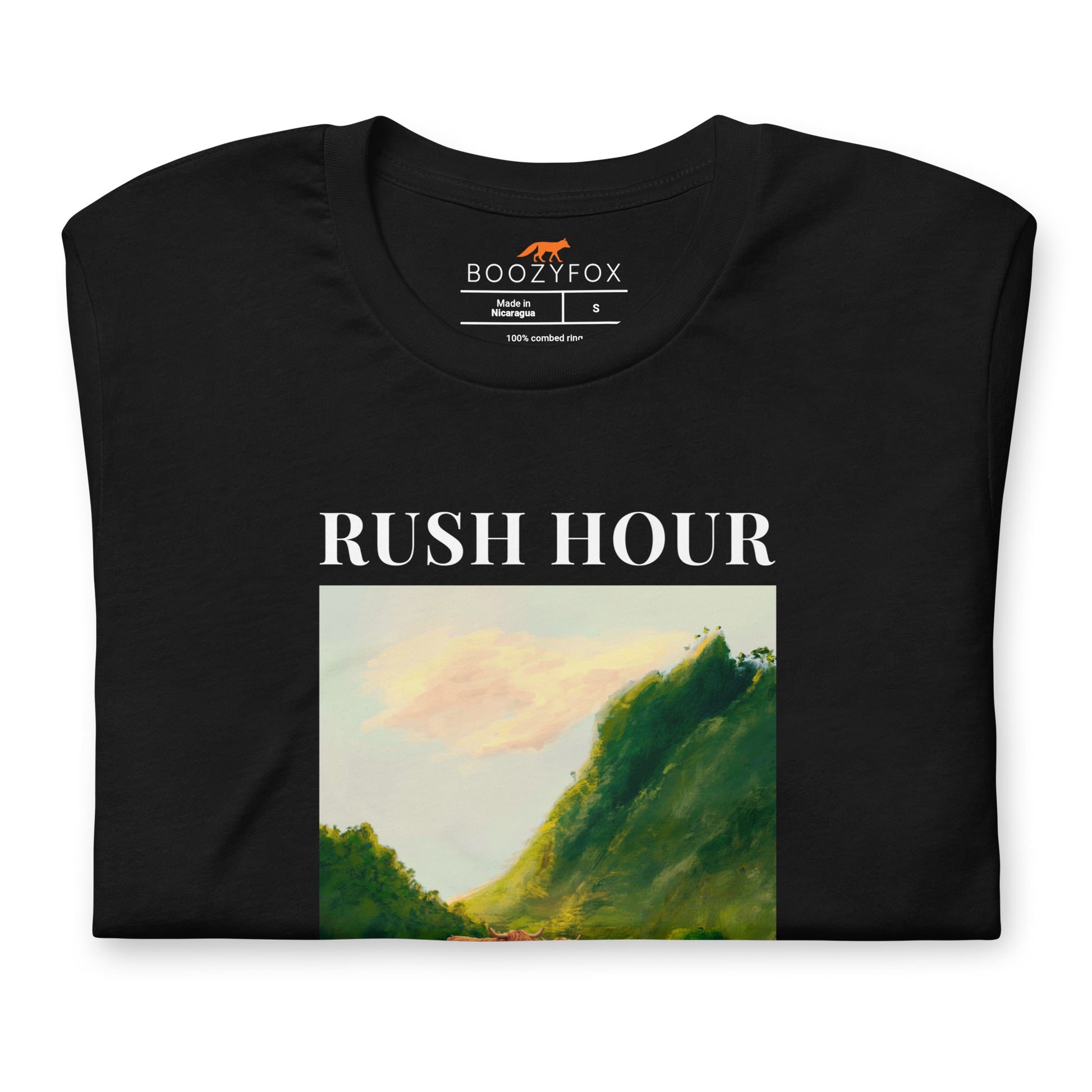 Front details of a Funny Highland Cow Rush Hour in Scotland lightweight graphic tee in black by Boozy Fox