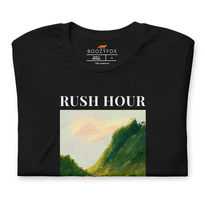 Front details of a Funny Highland Cow Rush Hour in Scotland lightweight graphic tee in black by Boozy Fox