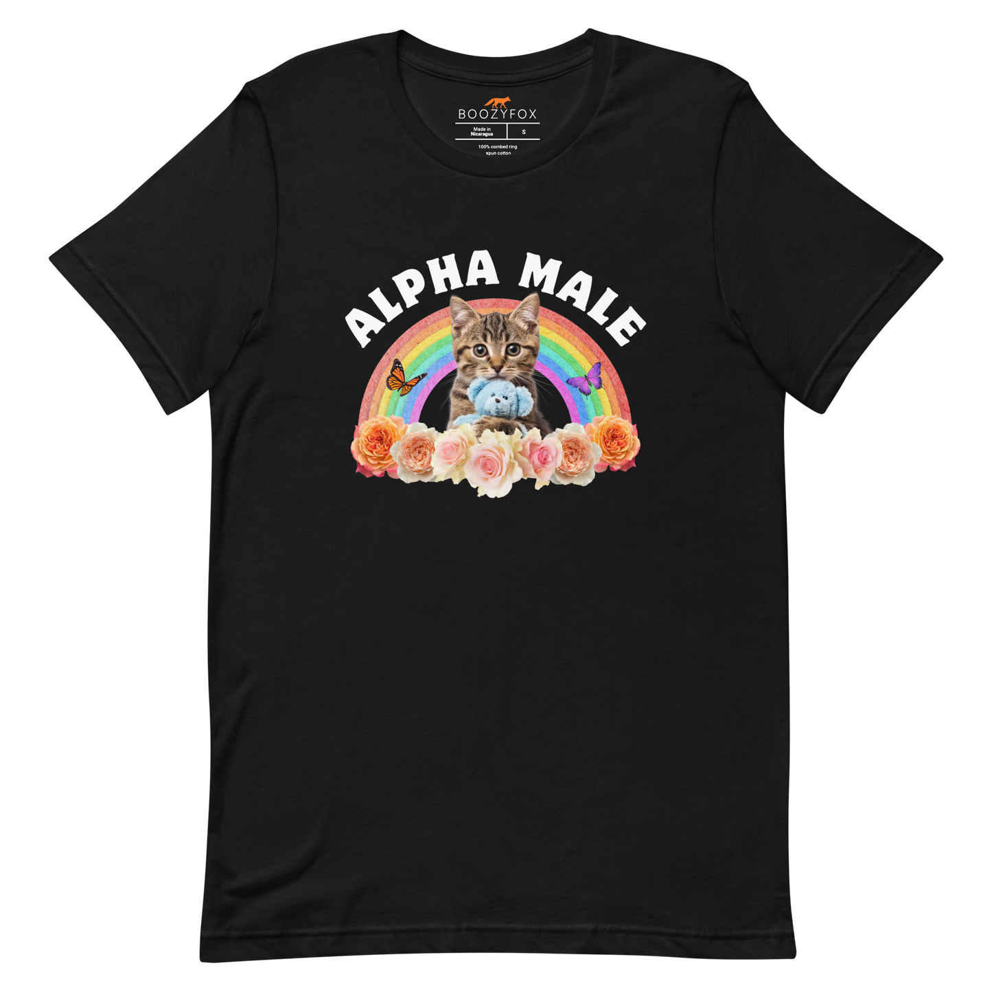 Funny Alpha Male Cat rainbow roses lightweight graphic t-shirt in black by Boozy Fox