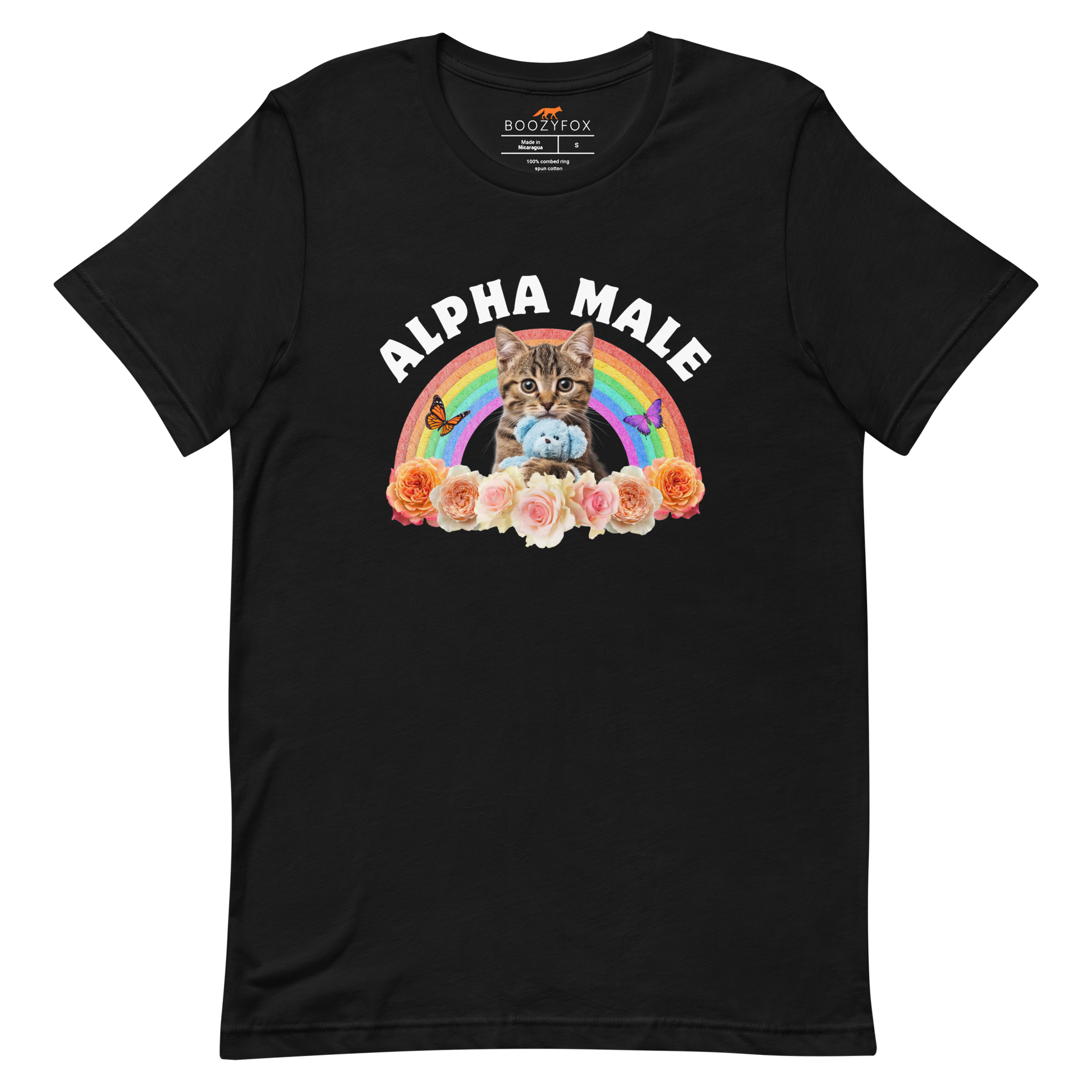 Funny Alpha Male Cat rainbow roses lightweight graphic t-shirt in black by Boozy Fox