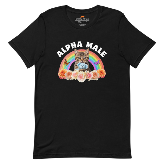 Funny Alpha Male Cat rainbow roses lightweight graphic t-shirt in black by Boozy Fox